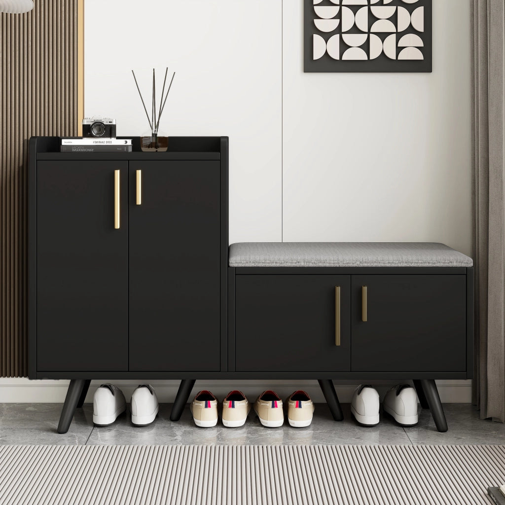 Scarpiera con 4 Ante e Seduta Imbottita per Ingresso in Pannelli di Particelle Nero Noce 120 x 34 x 82 cm