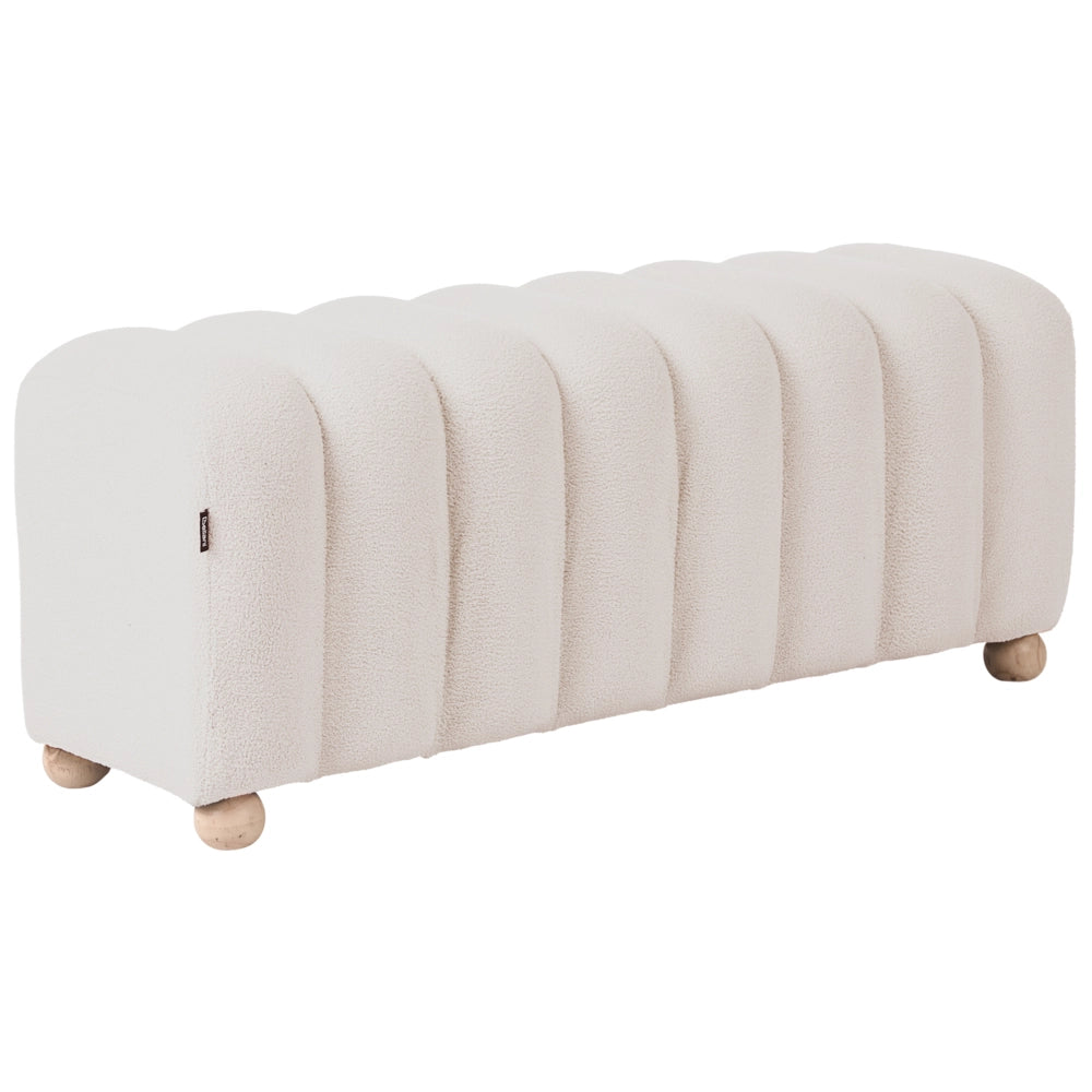 Pouf a coste con rivestimento in bouclé gambe in legno bianco sporco design moderno, accessori per il soggiorno