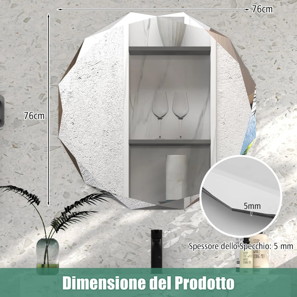 Specchio per Bagno 76 cm, Specchio da Parete Argento Lucidato, Senza Cornice, Specchio Rotondo di Design Irregolare Antiesplosione per Bagno Soggiorno Camera da Letto, IP44