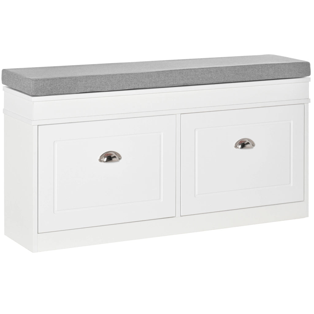 Panca Scarpiera Salvaspazio con Cuscino e 2 Cassetti ¨C Zephmum ¨C 104x24x55cm, Bianco, Legno