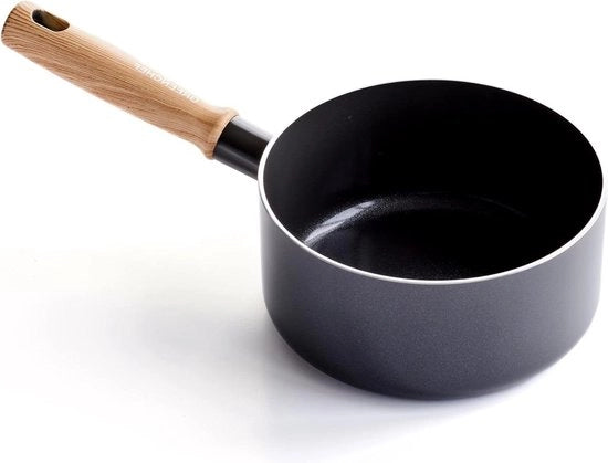Piatto da Caffè in Ceramica Salutare 18cm/21 Litri - Manico in Legno Vintage - Senza PFAS - Adatto per Induzione - Resiste al Lavastoviglie - Grigio