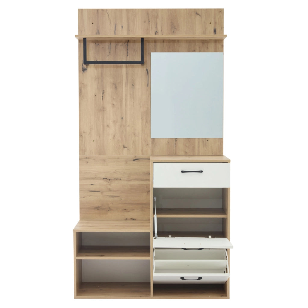 Mobile ingresso multifunzionale 100 x 38;5 x 190 cm con specchio; cassetto e scarpiera; bianco e naturale