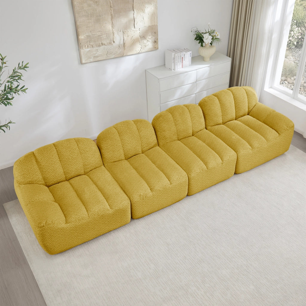 Divano modulare ad angolo con seduta profonda e schienale ergonomico in pile granulato giallo 366 × 104 × 79 cm