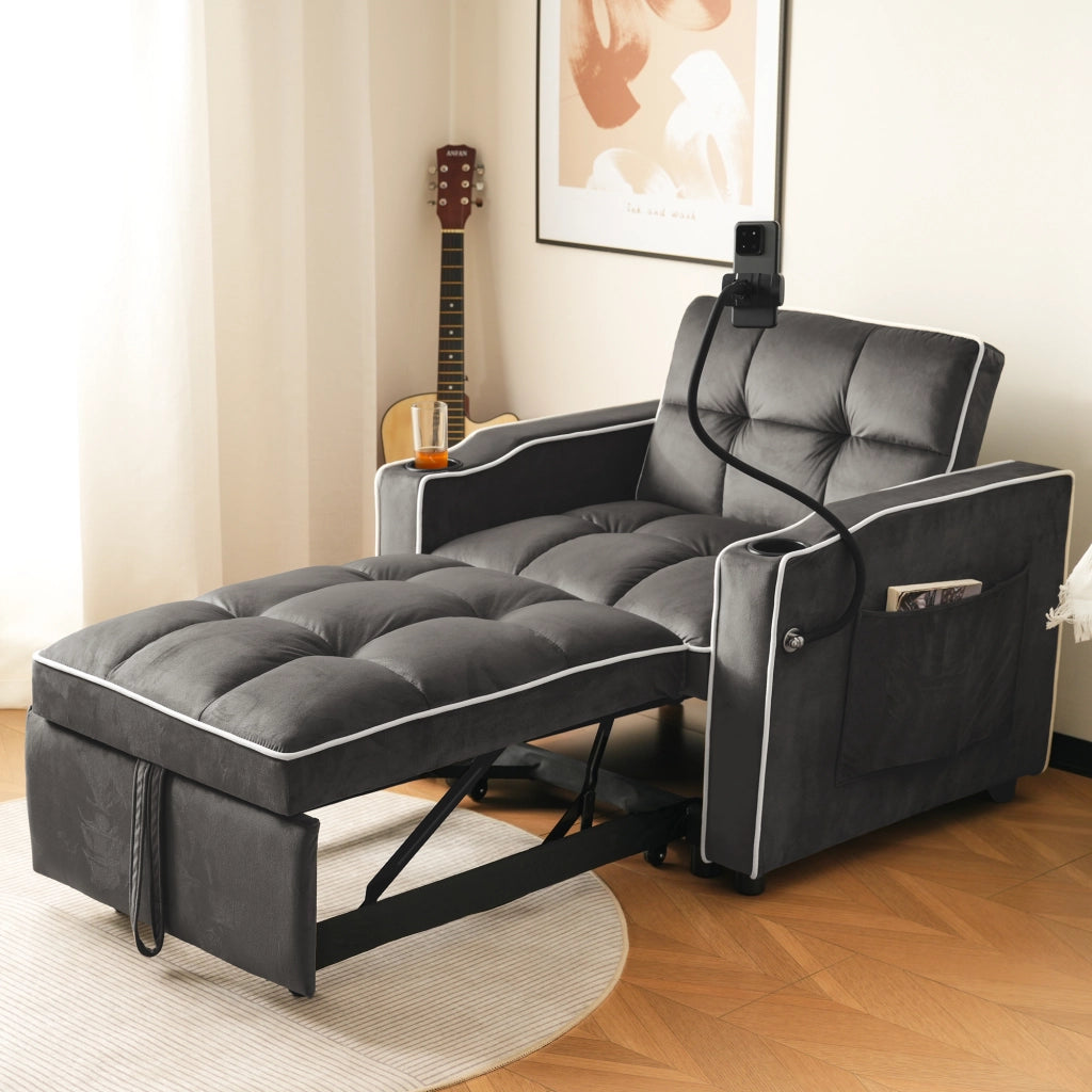 OKWISH Poltrona Letto 3 in 1, Schienale Regolabile con Portabicchieri, Supporto per Telefono e Tasca Laterale, Velluto Grigio Scuro
