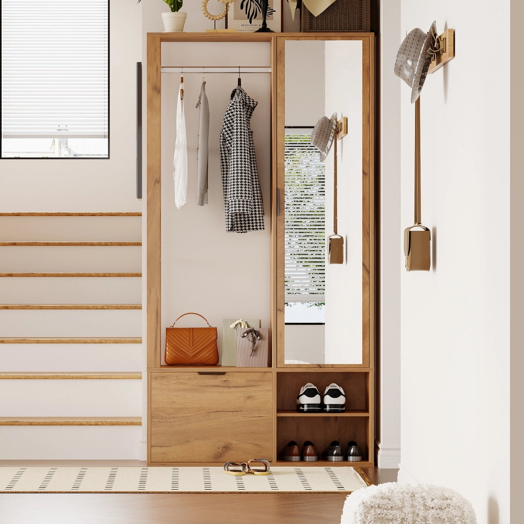 Mobile da Ingresso con 2 Armadi; 9 Vani; Barra Appendiabiti; Specchio; per Ingresso in Truciolare 100×33×190 cm