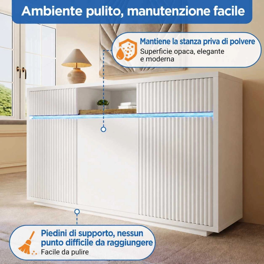 Credenza LED 140x40x85 cm bianca con 3 ante; 2 cassetti e ripiani regolabili