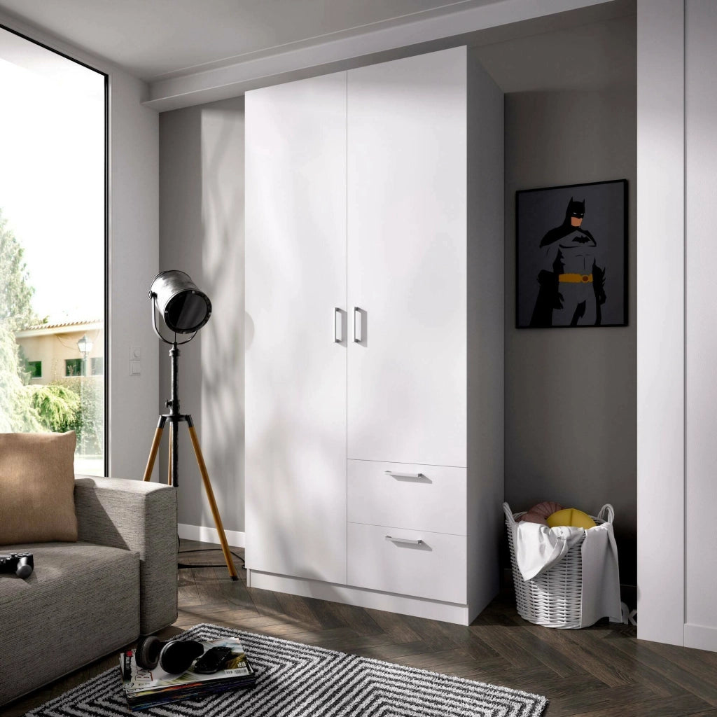 Guardaroba Amp, Mobile appendiabiti per camera da letto, Armadio a 2 ante battenti e 2 cassetti, 100x52h215 cm, Bianco