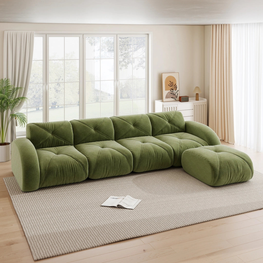 Divano angolare modulare a quattro posti in ciniglia con seduta senza struttura e poggiapiedi verde 358 × 171 × 76 cm