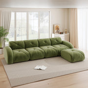 Divano angolare modulare a quattro posti in ciniglia con seduta senza struttura e poggiapiedi verde 358 × 171 × 76 cm
