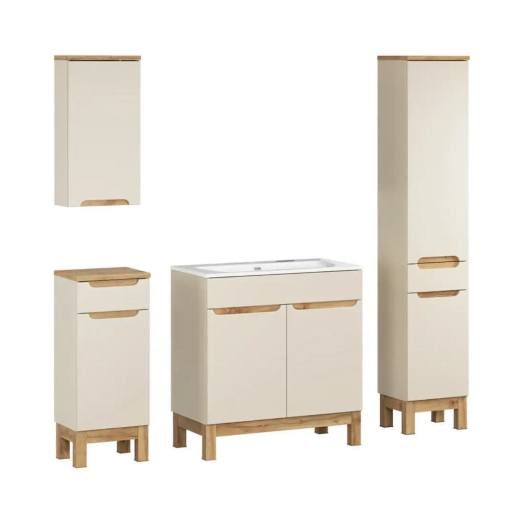 Insieme ERMANO cashmere e finitura quercia 150cm: mobile sottolavabo + lavabo incassato + mobili sospesi e da appoggio