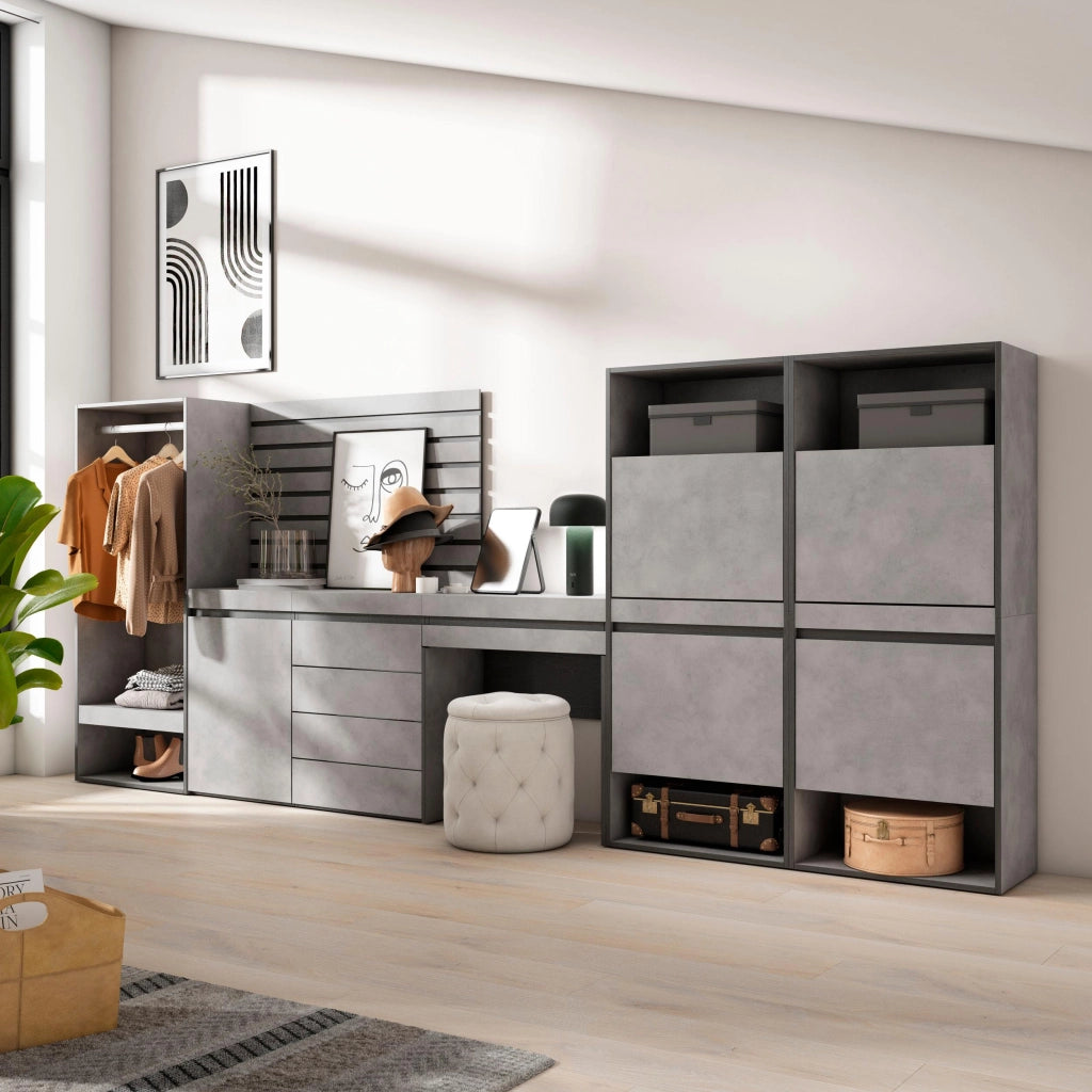 Scarpiera, 357x35x145cm, Camera da letto, Armadio Aperto, Cassettiera, Pannelli Decorativi, Tavolo da toeletta, grigio cemento RF3527