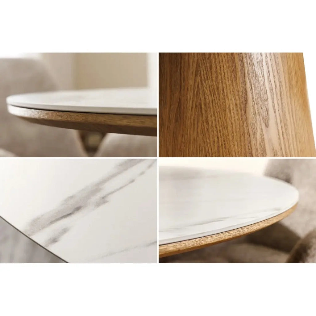 Tavolo da pranzo LUMEA – Rotondo 120 cm – Piano in ceramica effetto marmo bianco e piede in noce – Stile contemporaneo