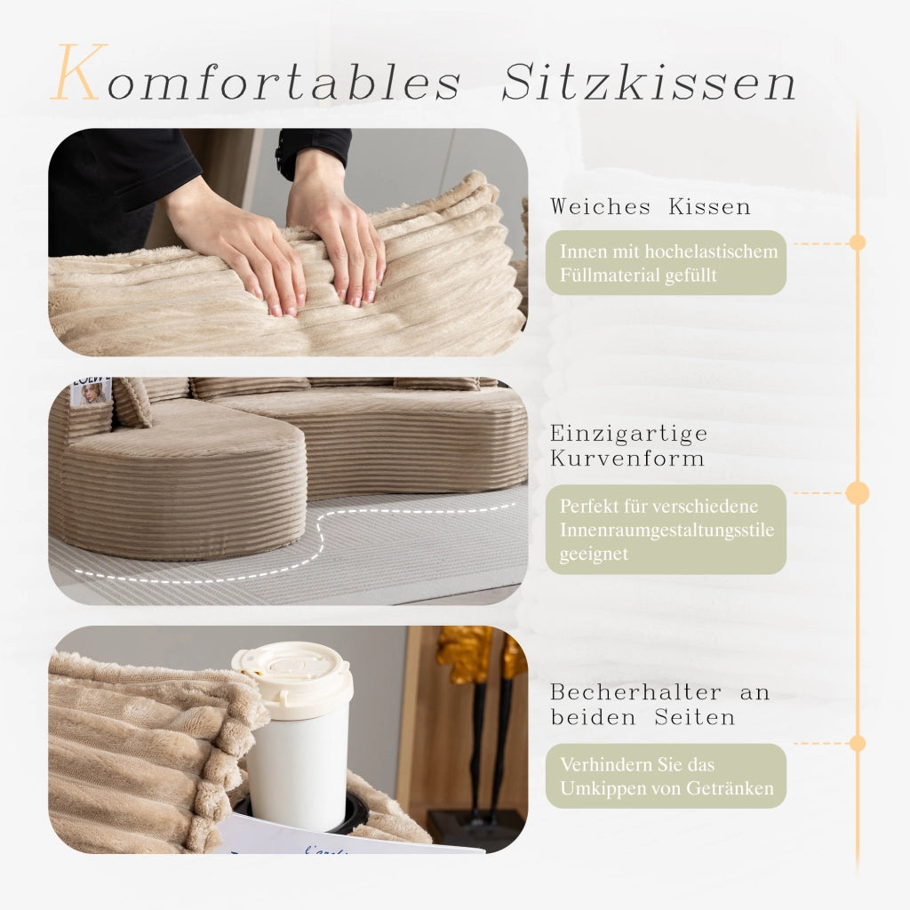 DIVANO Curvo 250x152x82 cm in tessuto corduroy Kaki con cuscino