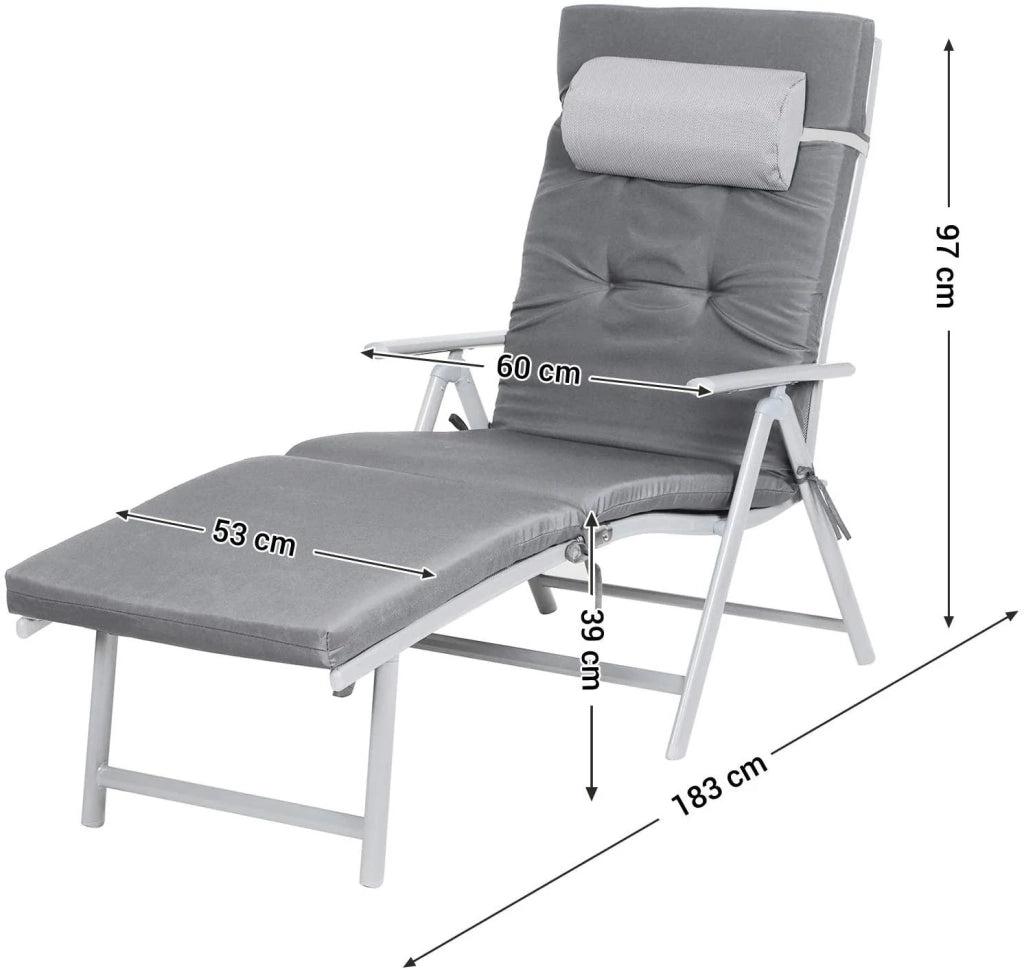 Lettino prendisole con materasso spesso 6 cm poggiatesta removibile in alluminio traspirante e antiruggine reclinabile portata max 150 kg grigio 12_0000203