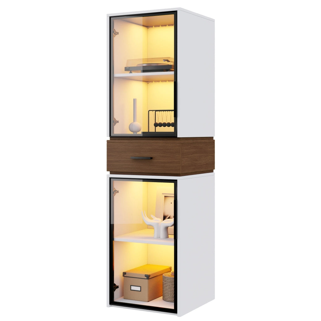 Vetrina in mdf con led e 2 ante in vetro temperato, 1 cassetto, per soggiorno e studio, bianco, 40 × 40 × 200 cm