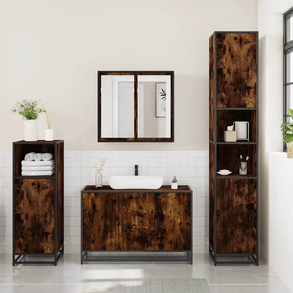 Set Mobili da Bagno 3 pz Rovere Fumo in Legno Multistrato
