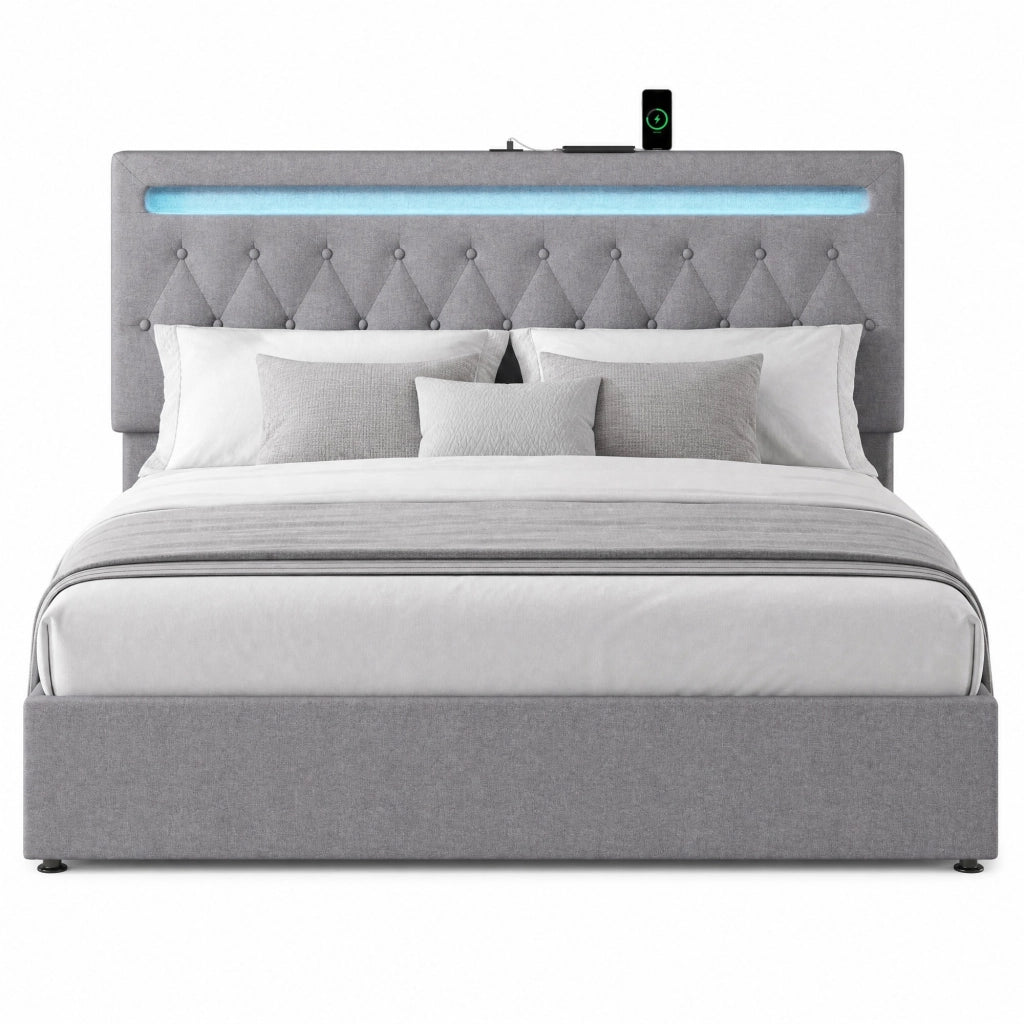 Letto contenitore 180 × 200 cm con sollevamento idraulico LED e porta USB in lino e MDF grigio