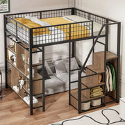 Letto a soppalco multifunzione 140x200 cm in metallo e legno; nero; con scala contenitore e spazio sottostante