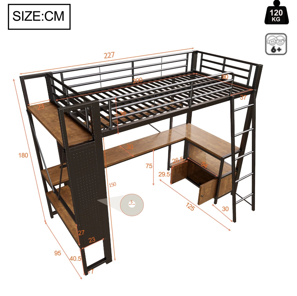 Letto a soppalco ULEVR 90x200 cm con scrivania, LED regolabile via app, USB e ripiani, nero