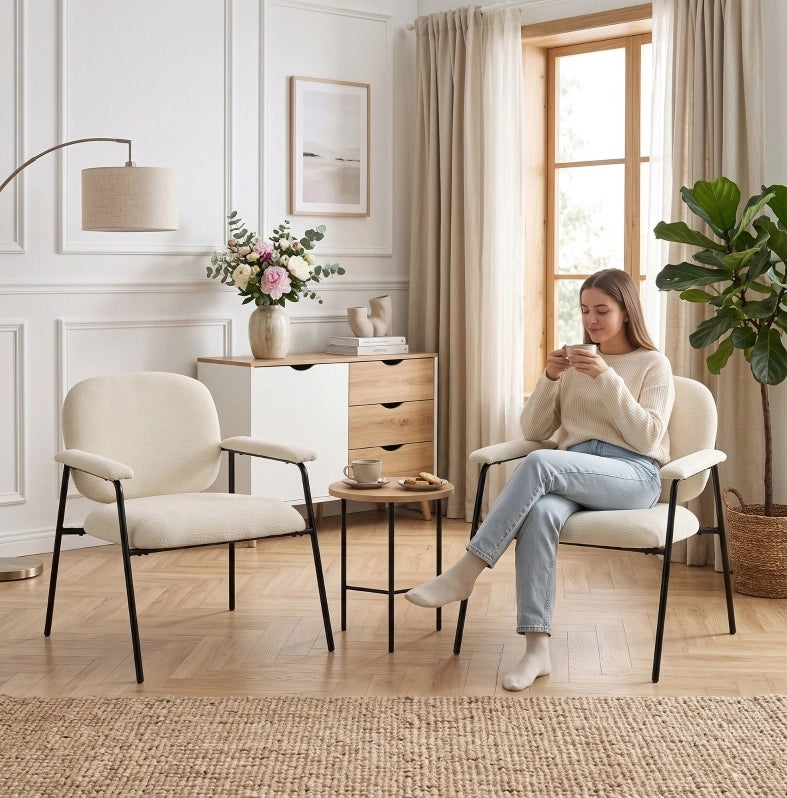 Set di 2 Poltrone Moderne in Chenille Crema con Struttura in Metallo Nero