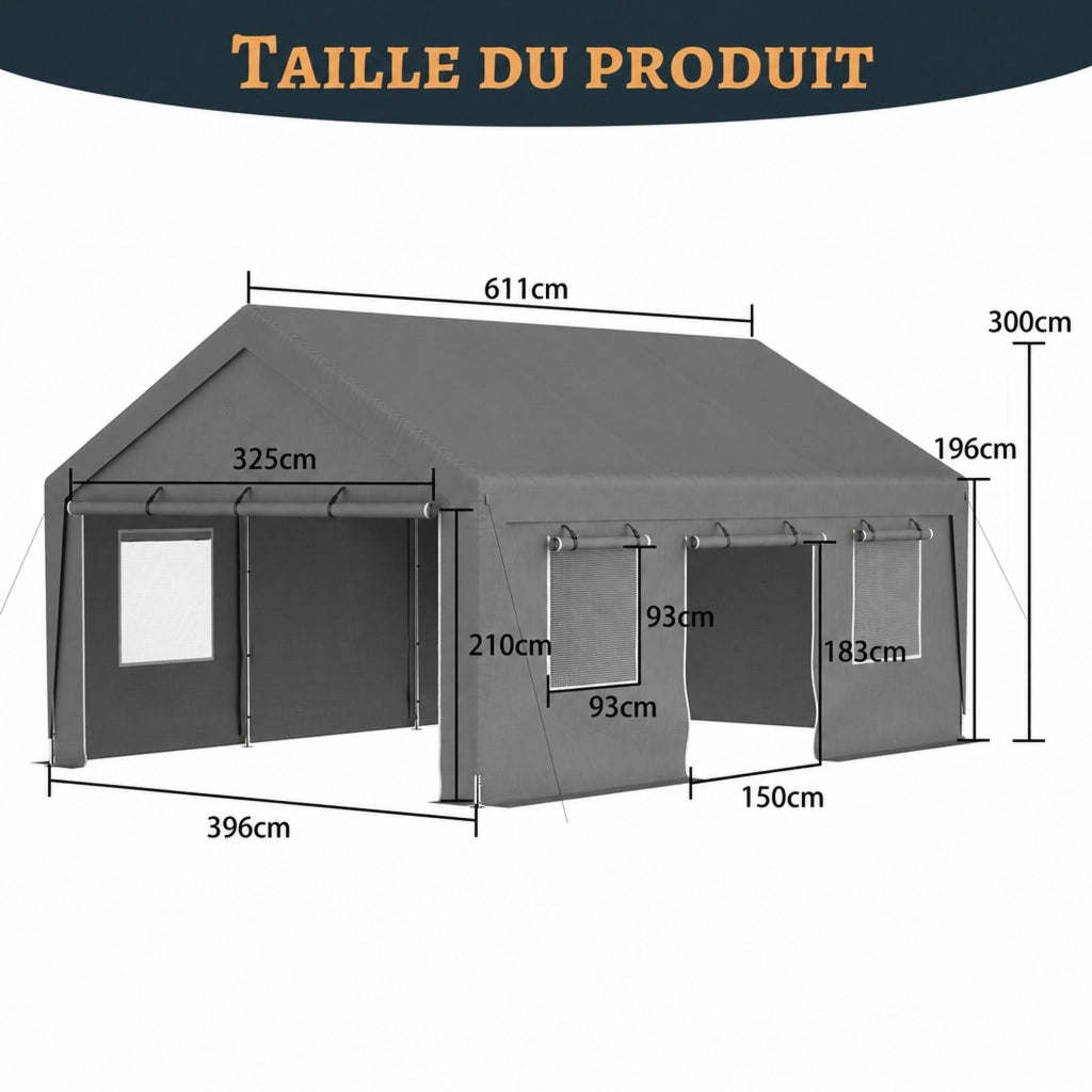 Garage Tenda Da Esterno Grigio 611 X 396 X 300 Cm In PE E Ferro Per Auto E Deposito Con Finestre E Ventilazione