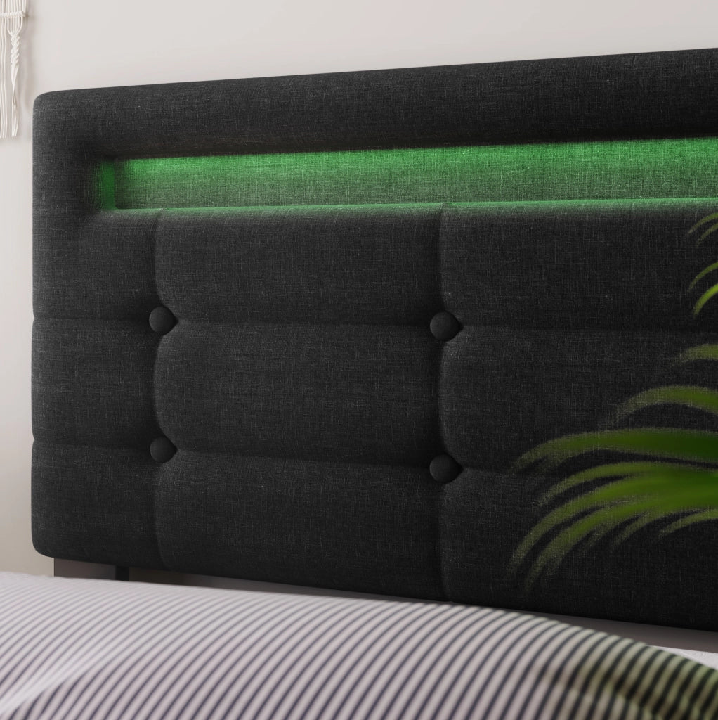Letto matrimoniale ULEVR 140x200 cm con LED, testiera regolabile e 4 cassetti, nero