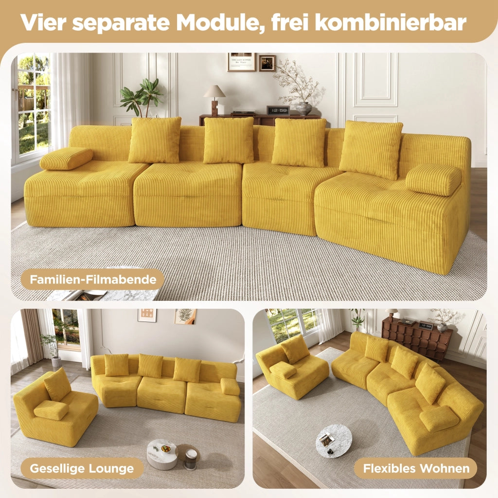 DIVANO modulare 4 posti 311x90x65 cm in velluto a coste giallo brillante