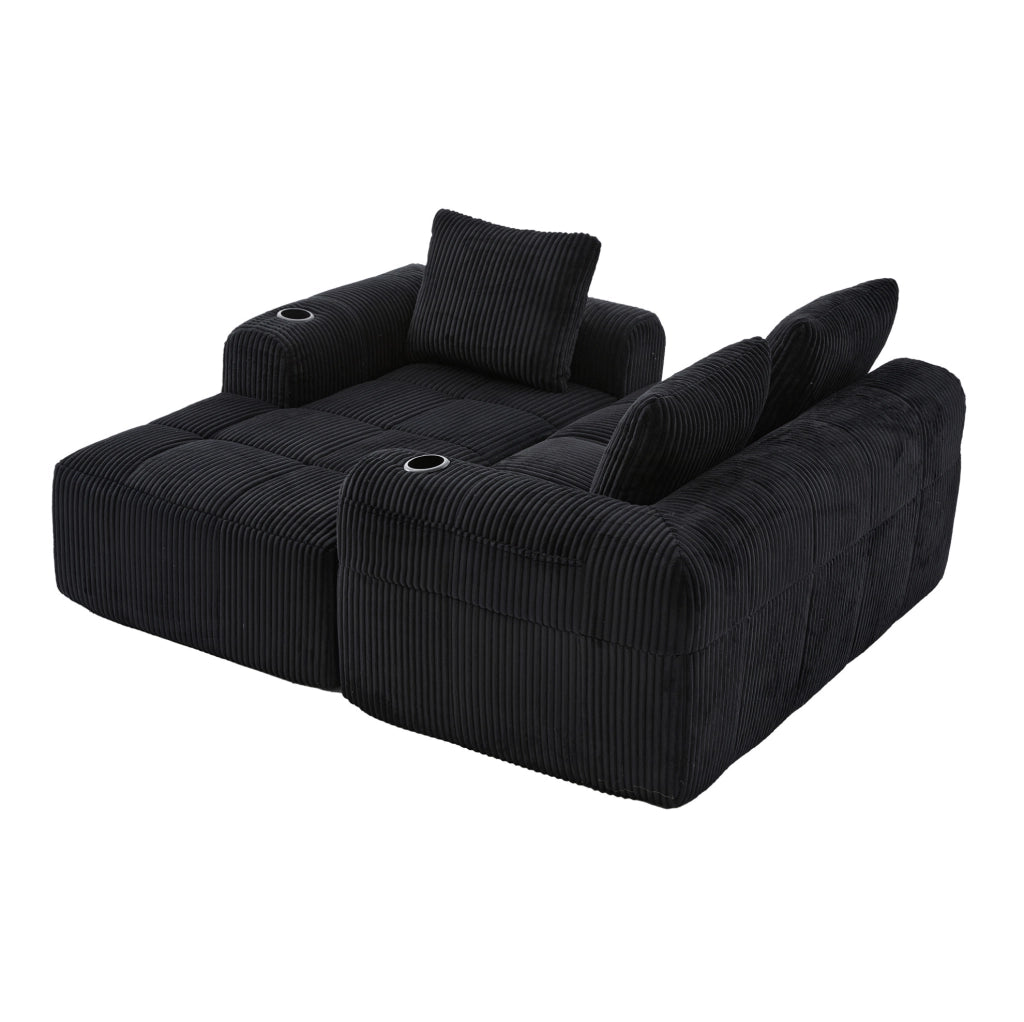 Divano 253x158x61 cm modulare DIY con tasche laterali e portabicchieri in tessuto cord nero