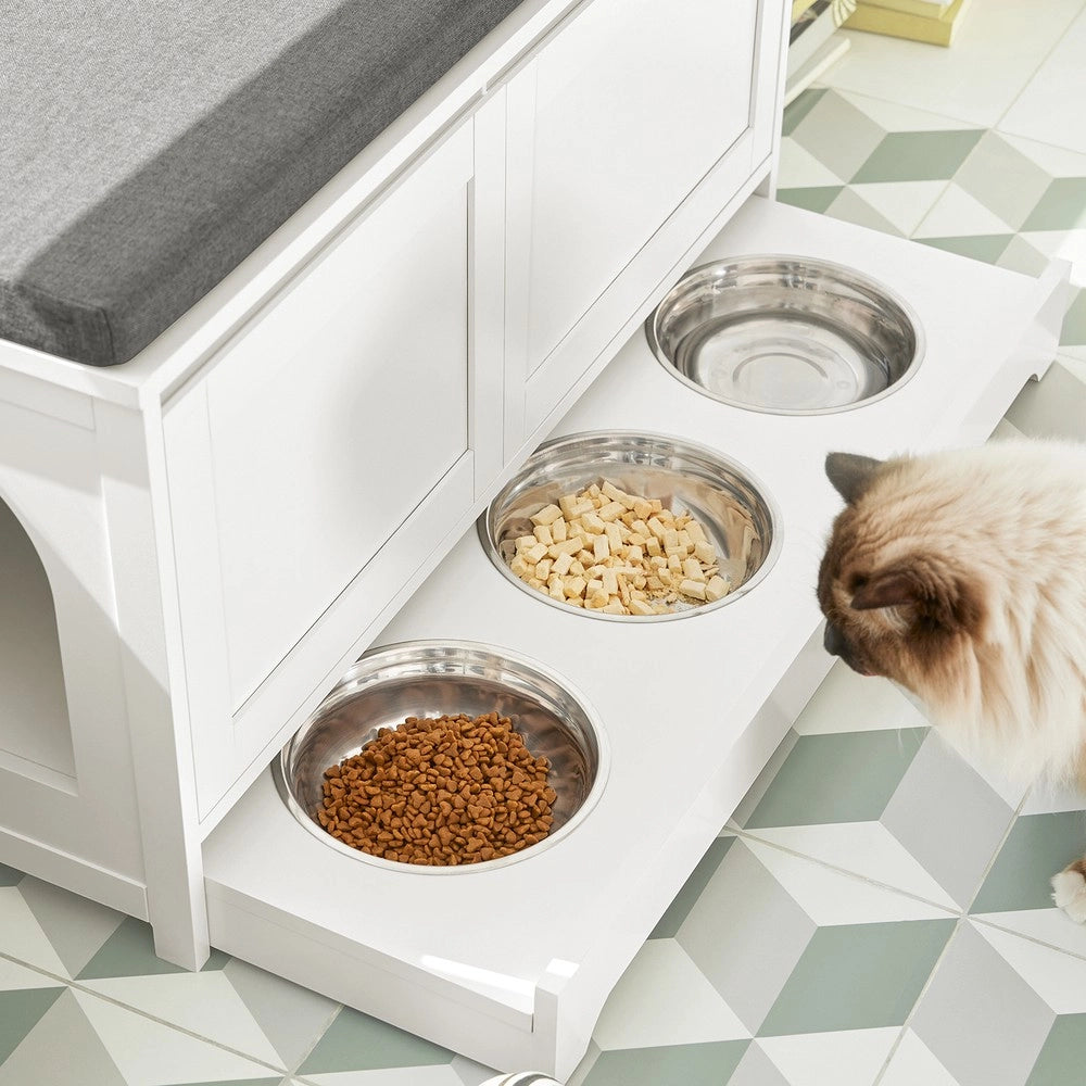 SoBuy Cuccia per gatti con ciotola per gatti in acciaio Inossidabile Panca con seduta Casetta per gatti Bianco 90x36x44cm FSR136-W