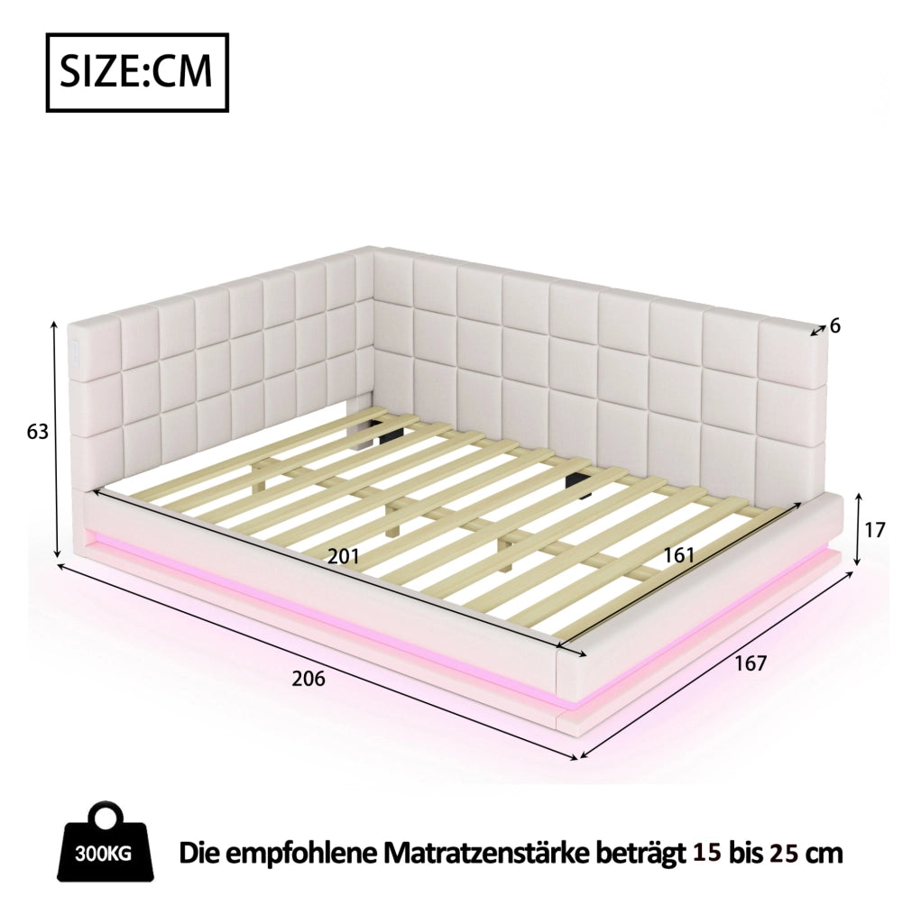 Divano letto imbottito 160x200 con luci LED; USB; rete a doghe; lino; beige