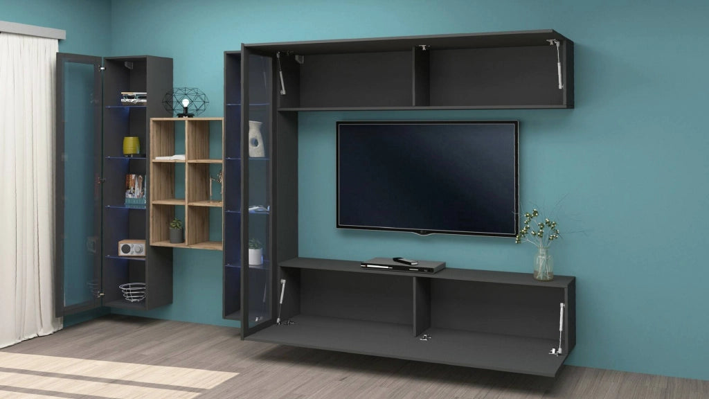 Parete attrezzata Alezio, Set salotto porta TV a 4 ante, Mobile soggiorno multiuso, 100% Made in Italy, cm 280x30h180, Antracite e Acero