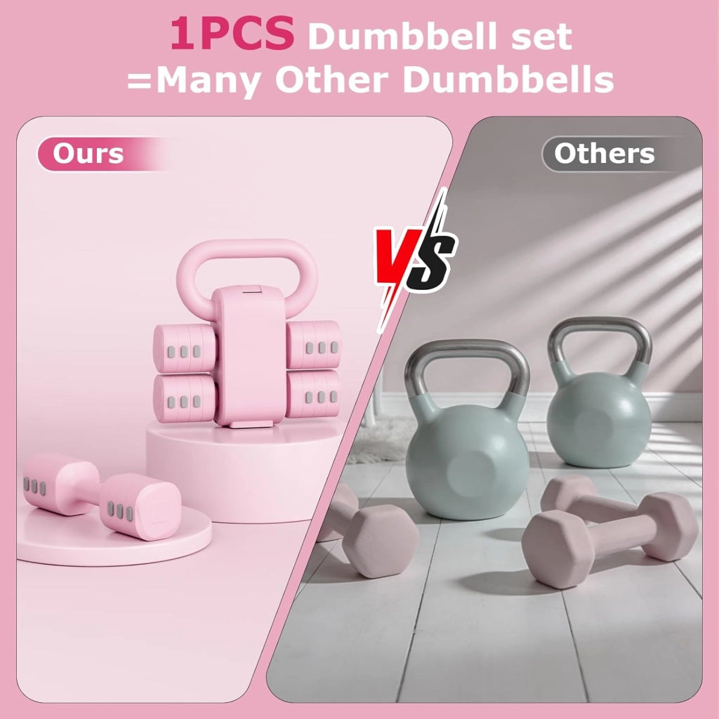 Set di 2 manubri regolabili 2 in 1, per donne e uomini, 4 livelli di peso con adattatore kettlebell, set di manubri per casa (Rosa)