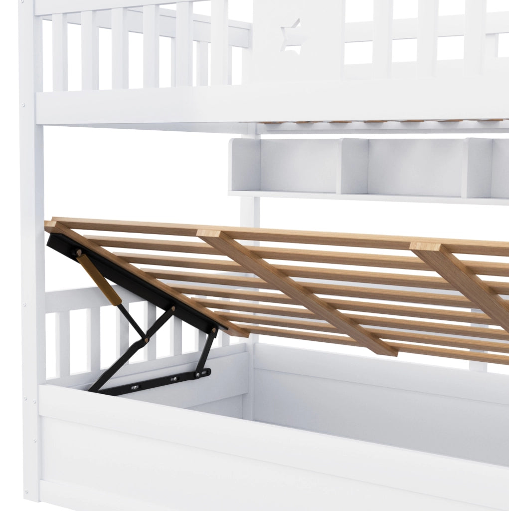 Letto a soppalco 90x200 cm con vano idraulico, scala contenitore e ripiani
