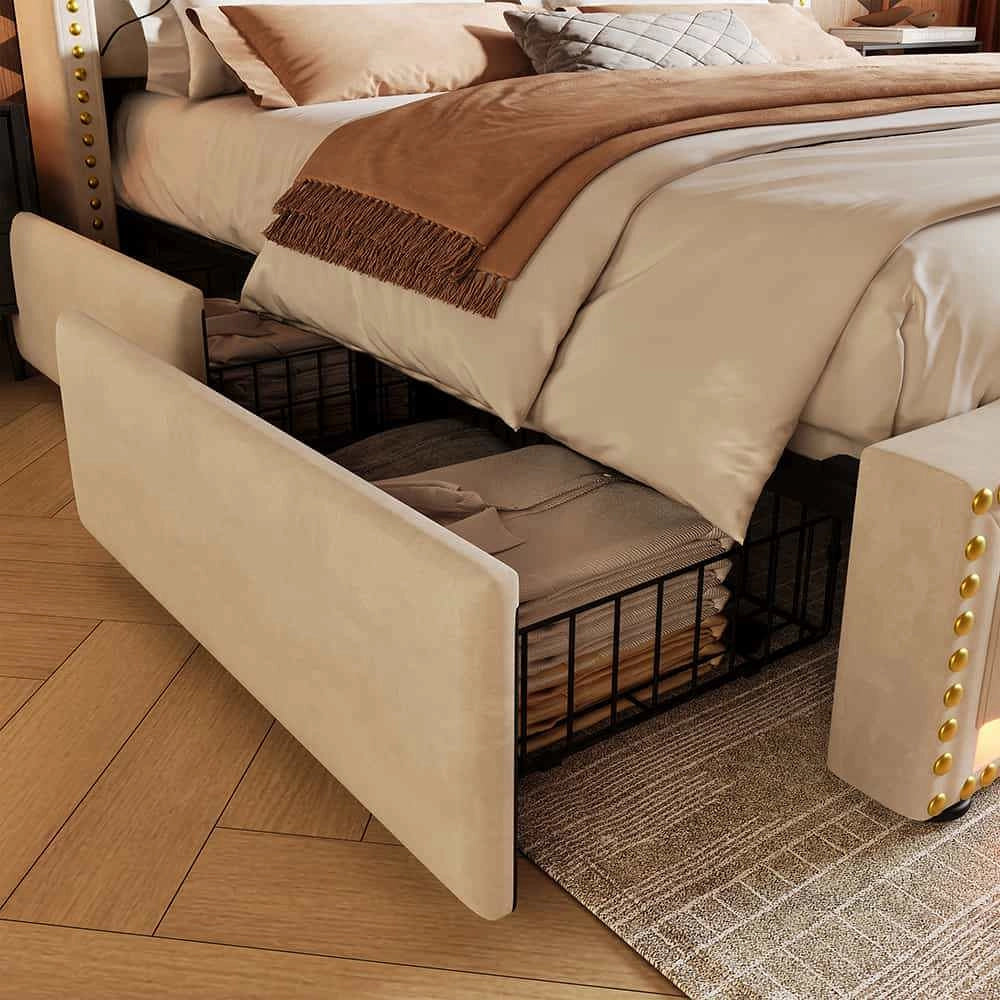 Letto matrimoniale-Xylo-140x200 cm-4 cassetti, LED, USB-C, velluto beige, con materasso