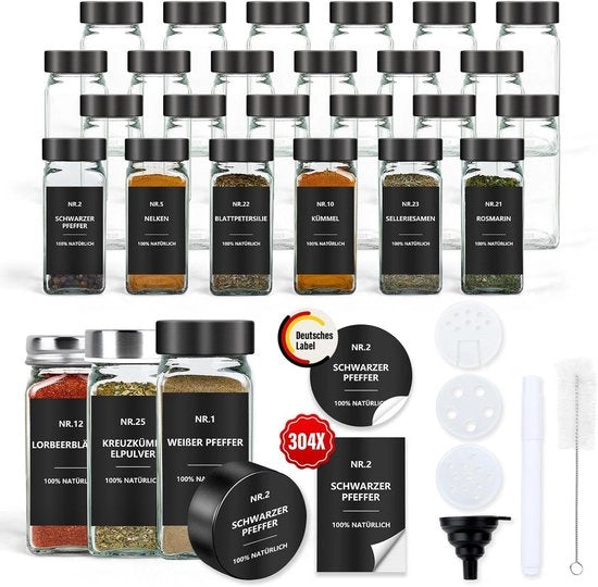 Set di erbe in vetro - Organizzatore per la cucina - Con bocchetta spruzzatrice - 24 pezzi da 120ml - Nero