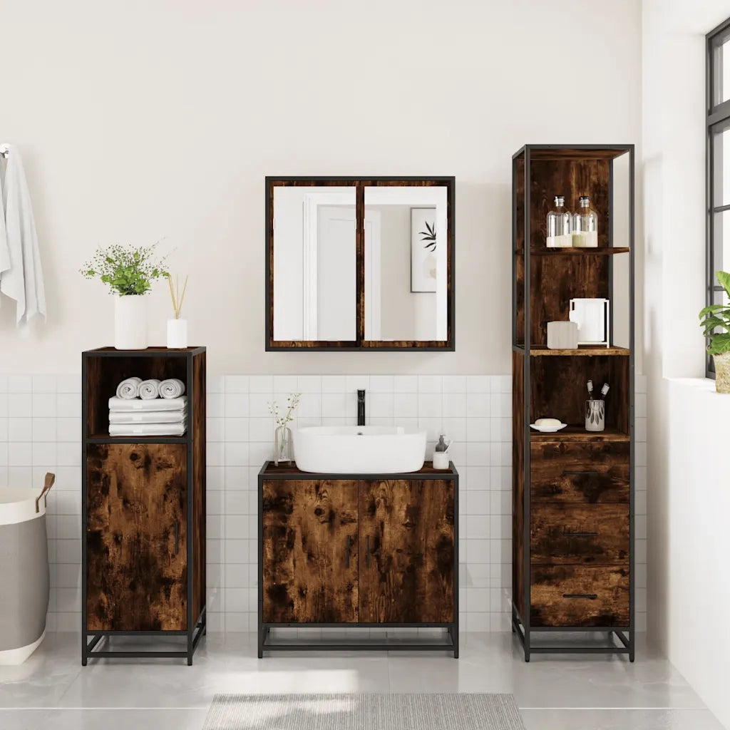 Set Mobili da Bagno 3 pz Rovere Fumo in Legno Multistrato 3301127