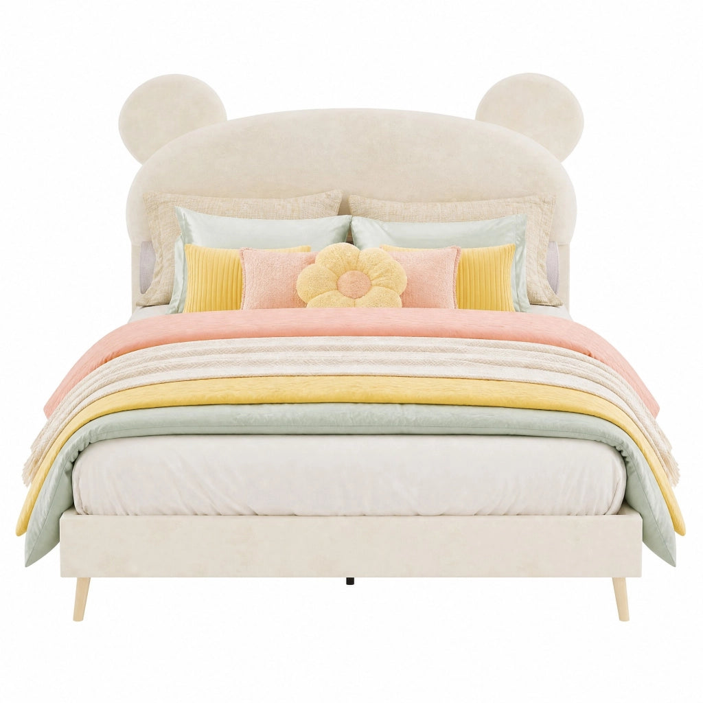 Letto imbottito per bambini 140 ¡Á 200 cm beige con testiera in tessuto e materasso a molle insacchettate
