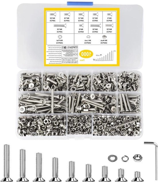 Set di viti M4 da 1000 con diverse teste e dadi - Viti in acciaio inossidabile con anelli di chiusura