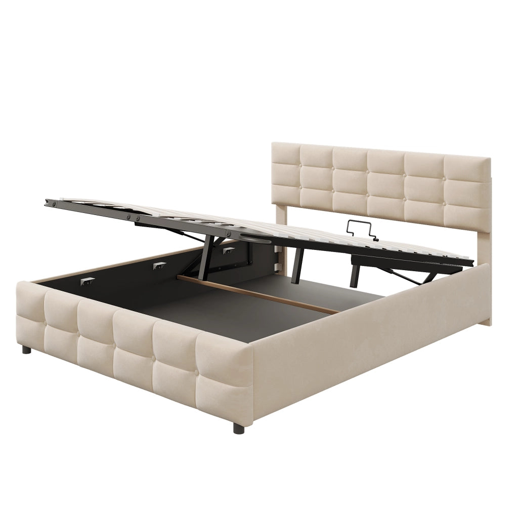 Letto imbottito 180 × 200 cm 2 posti con contenitore idraulico, senza materasso, in velluto beige