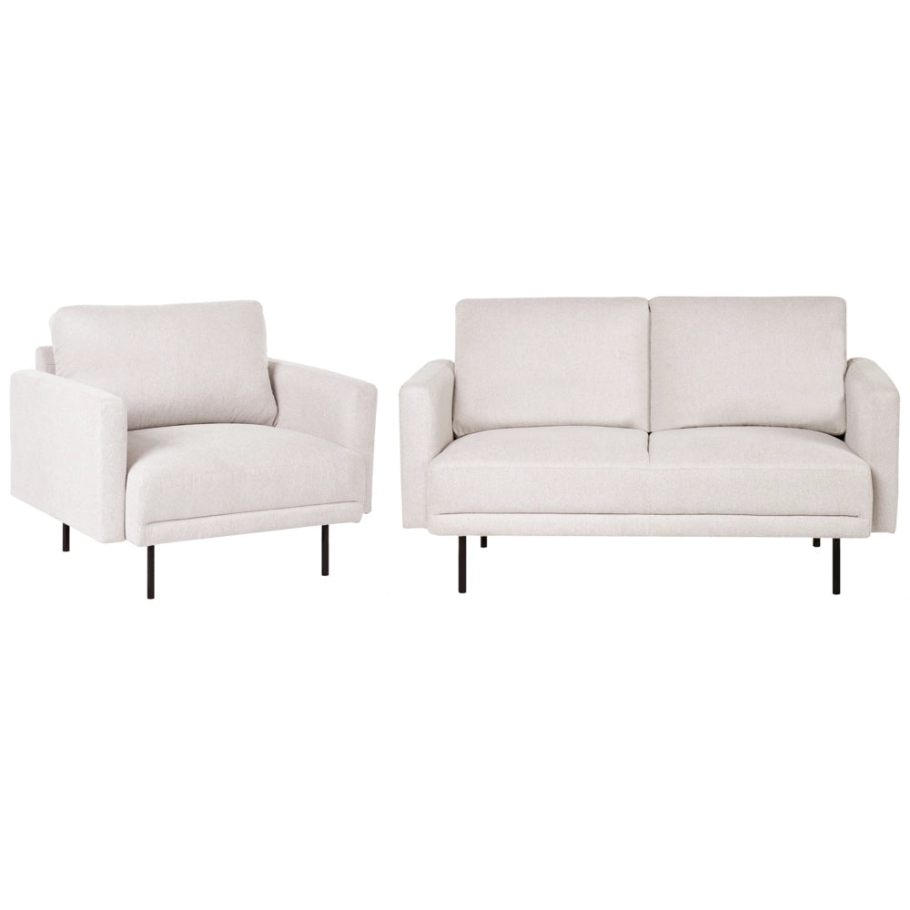 Set soggiorno divano 3 posti e poltrona con gambe in tessuto beige chiaro stile moderno e minimalista