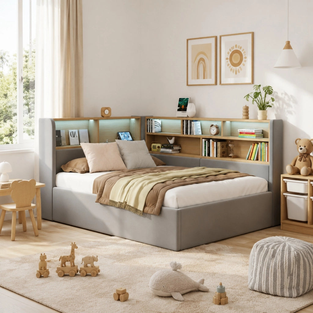 Letto con contenitore idraulico, imbottito in velluto grigio, con LED, USB e Type-C, struttura integrata, senza materasso