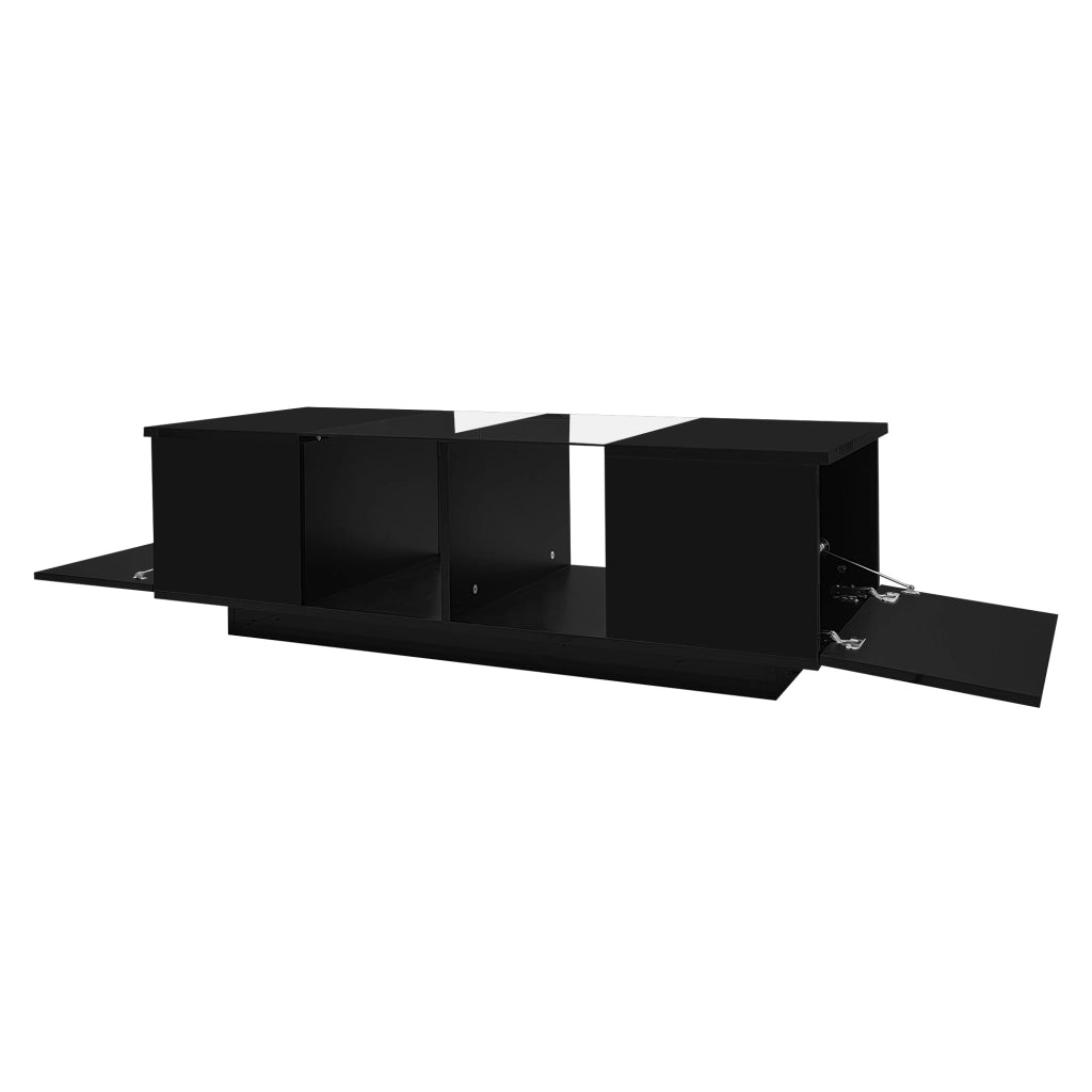 Tavolino da salotto con 2 Ante e LED; Piano in Vetro; Finitura Lucida e Opaca; in Legno; Nero