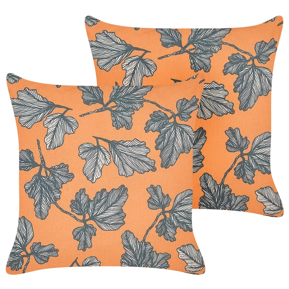 Set di 2 cuscini arancio e nero 45 x 45 cm in poliestere lino cotone foglie soggiorno camera da letto