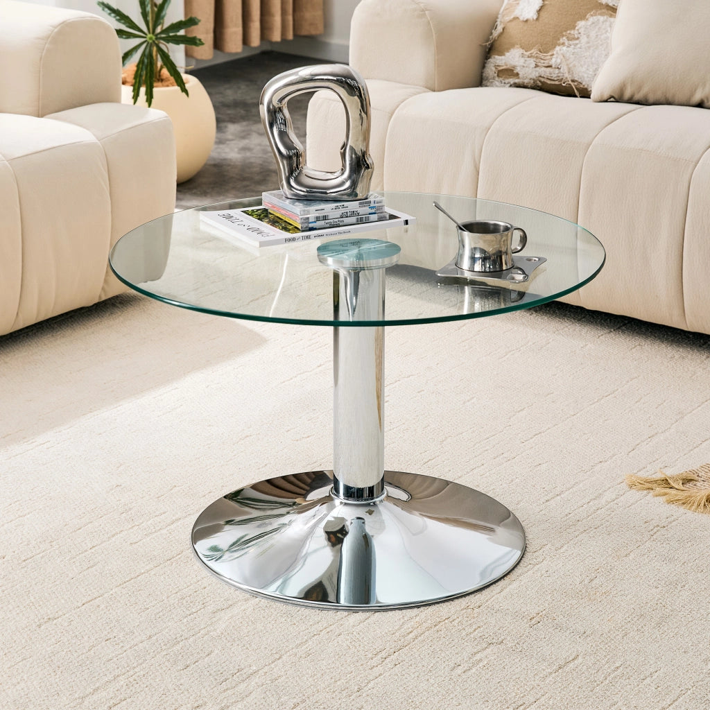 Tavolino basso rotondo con piano in vetro temperato e base in metallo, stile moderno, argento, 70 × 45 cm