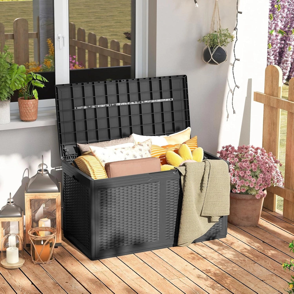 Scatola da giardino da 380 l, impermeabile, con coperchio e 2 ruote, per balcone, terrazza e cortile, 111 x 56 x 61 cm (grigio)