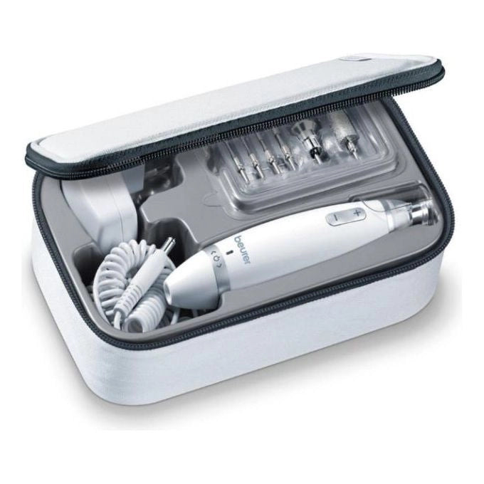 Beurer MP 62 - KIT_ manicure e pedicure combinato, 10 velocita', 10 accessori professionali, alimentazione a rete, luce LED integrata, custodia inclusa, Bianco