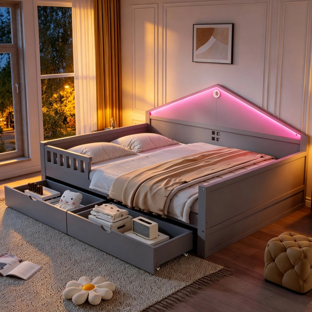 Letto multifunzione 140x200 cm con LED; 2 cassetti; grigio