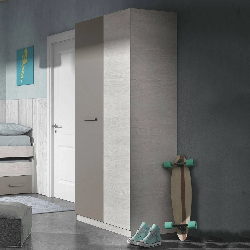 Guardaroba Alpine, Armadio per camera da letto a 2 ante battenti, Mobile con 3 ripiani e barra appendiabiti, cm 90x52h200, Bianco e Marrone