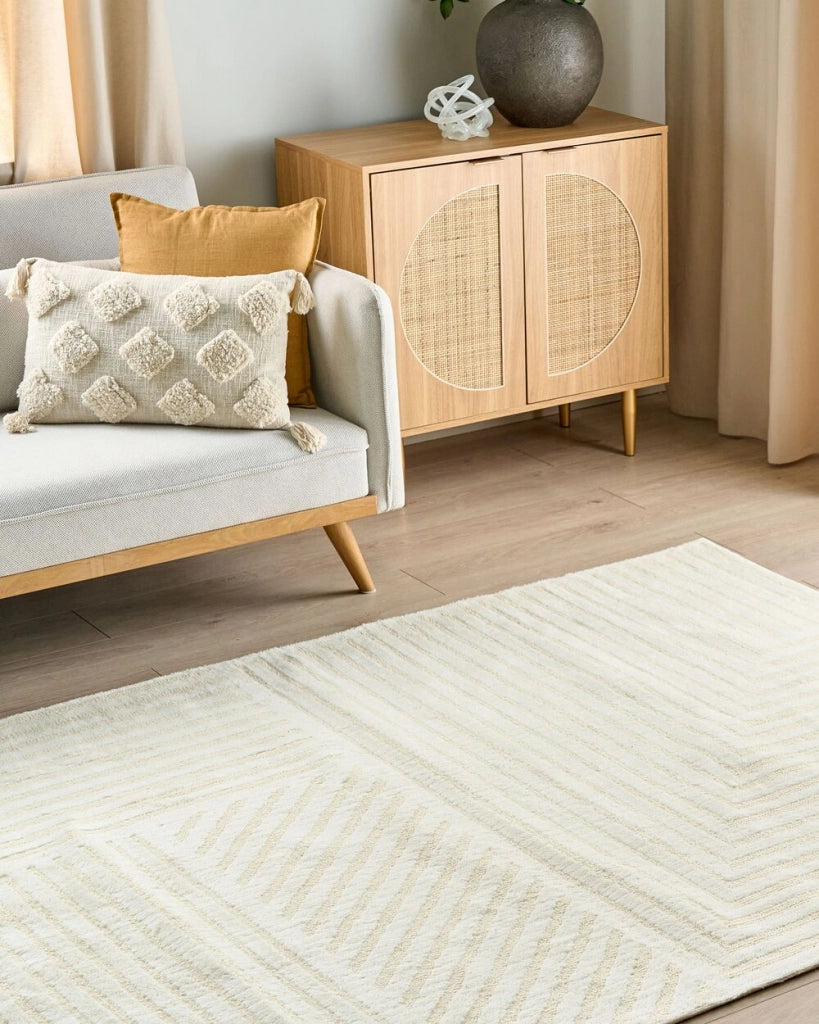 Tappeto da salotto moderno in lana con motivo a righe e tinta unita beige 160 x 230 cm soggiorno camera da letto