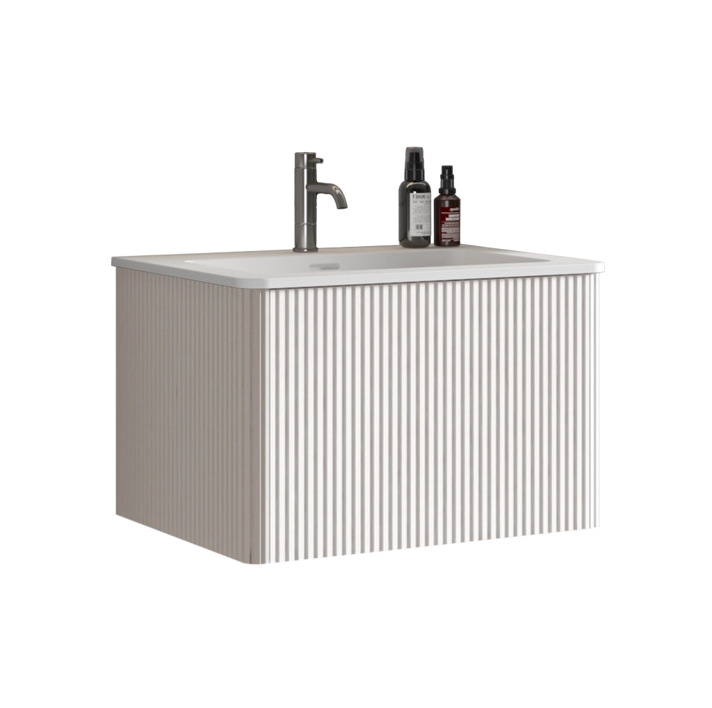 Mobile bagno sospeso ULEVR 60 cm con lavabo in solid surface, cassetto push-to-open e design scanalato bianco